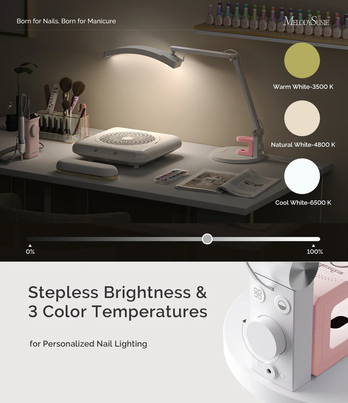 MelodySusie S-Pro29G Nail-Focused 3-Mode Manicure Table Lamp with White Mini Nail Lamp - Image 7