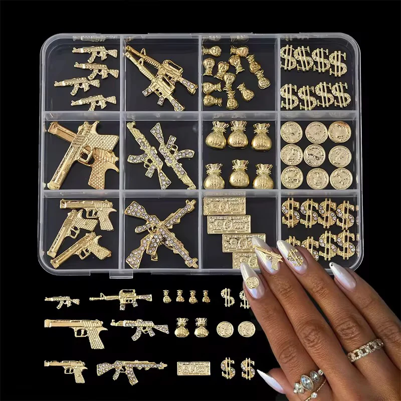 Money/Gun Nail Charms 12 Grid Pack