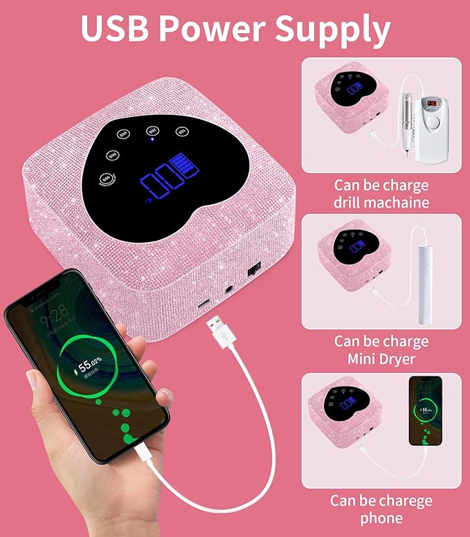 Rechargeable Heart Shaped UV LED Nail Lamp With Rhinestones & Pearls - Image 4