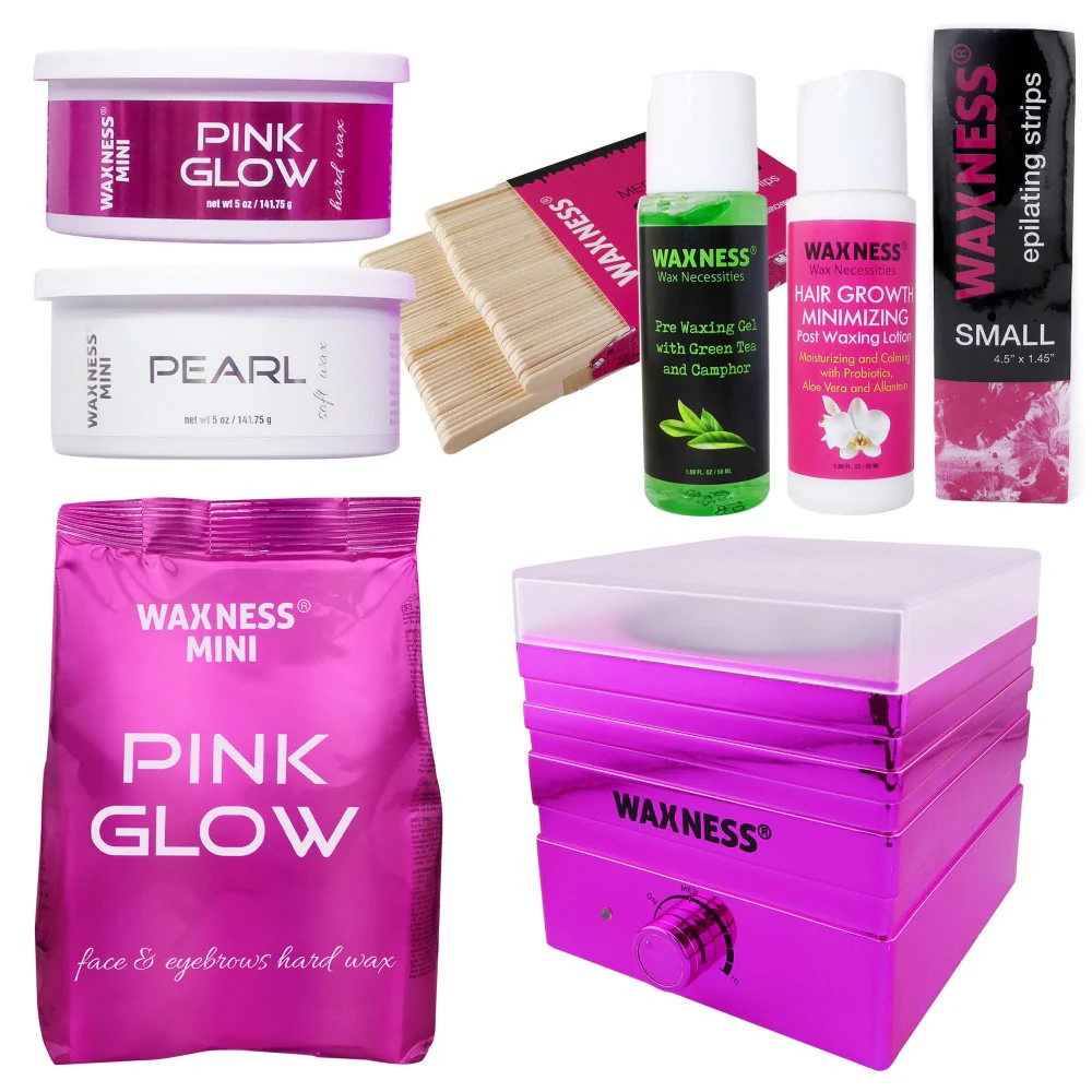 WAXNESS Face/Eyebrow Waxing Kit With Mini W-Cube Metallic Fuchsia with Silicone Insert